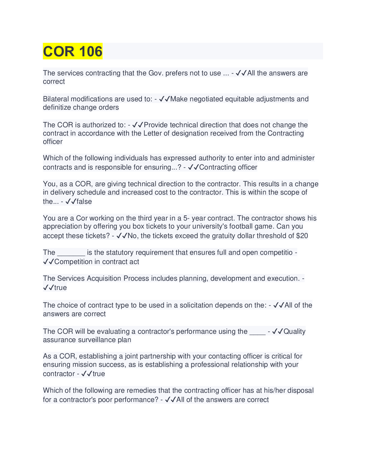 Preview image for Defence Acquisition University COR 106 Test | 100% Correct Answers